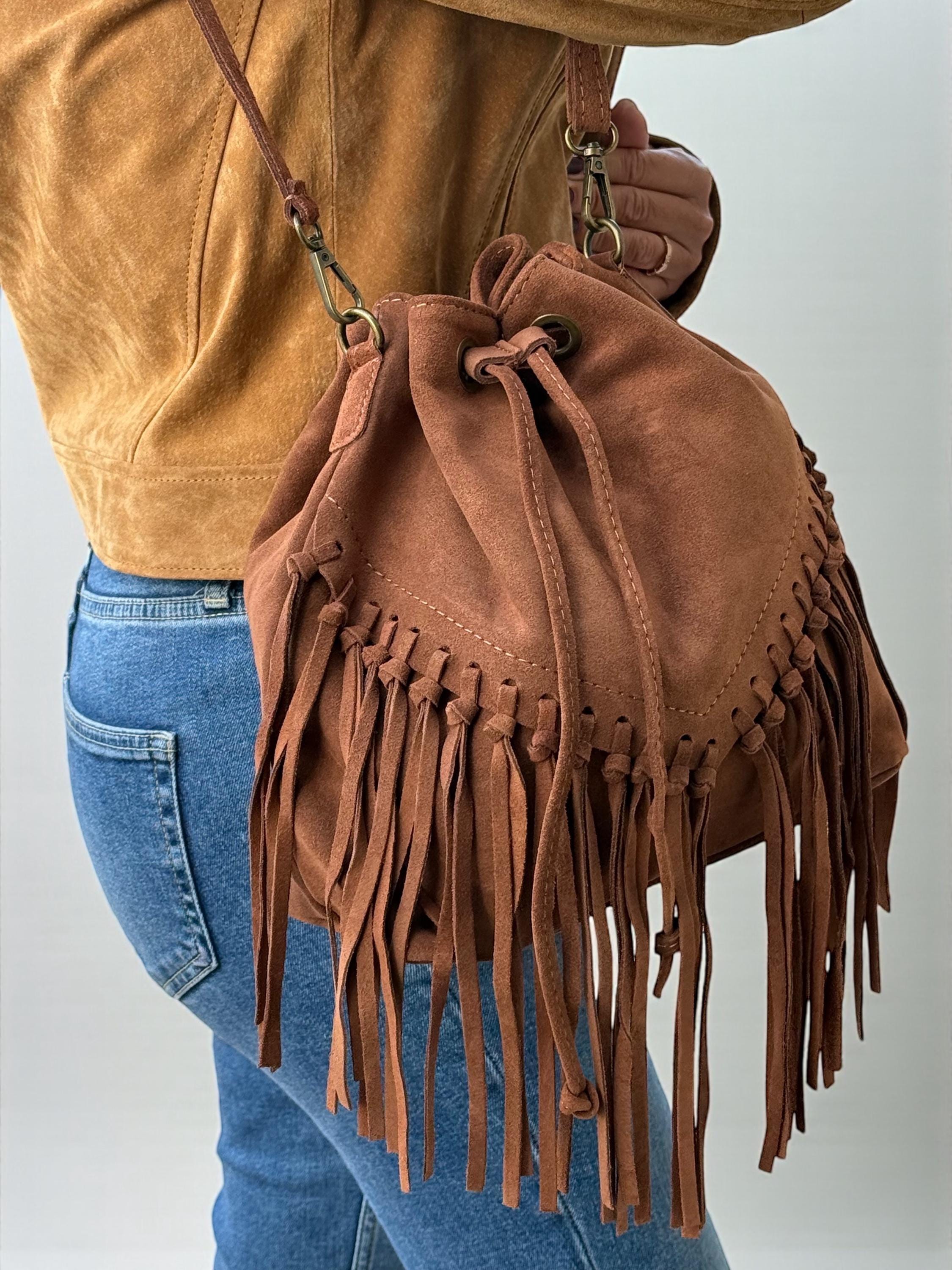 Puro Cuero Crochet Backpack Dark Brown Suede Trim Boho Festival Bucket Bag Boho Cowgirl Bucket Bag - STS Ranchwear main image 2