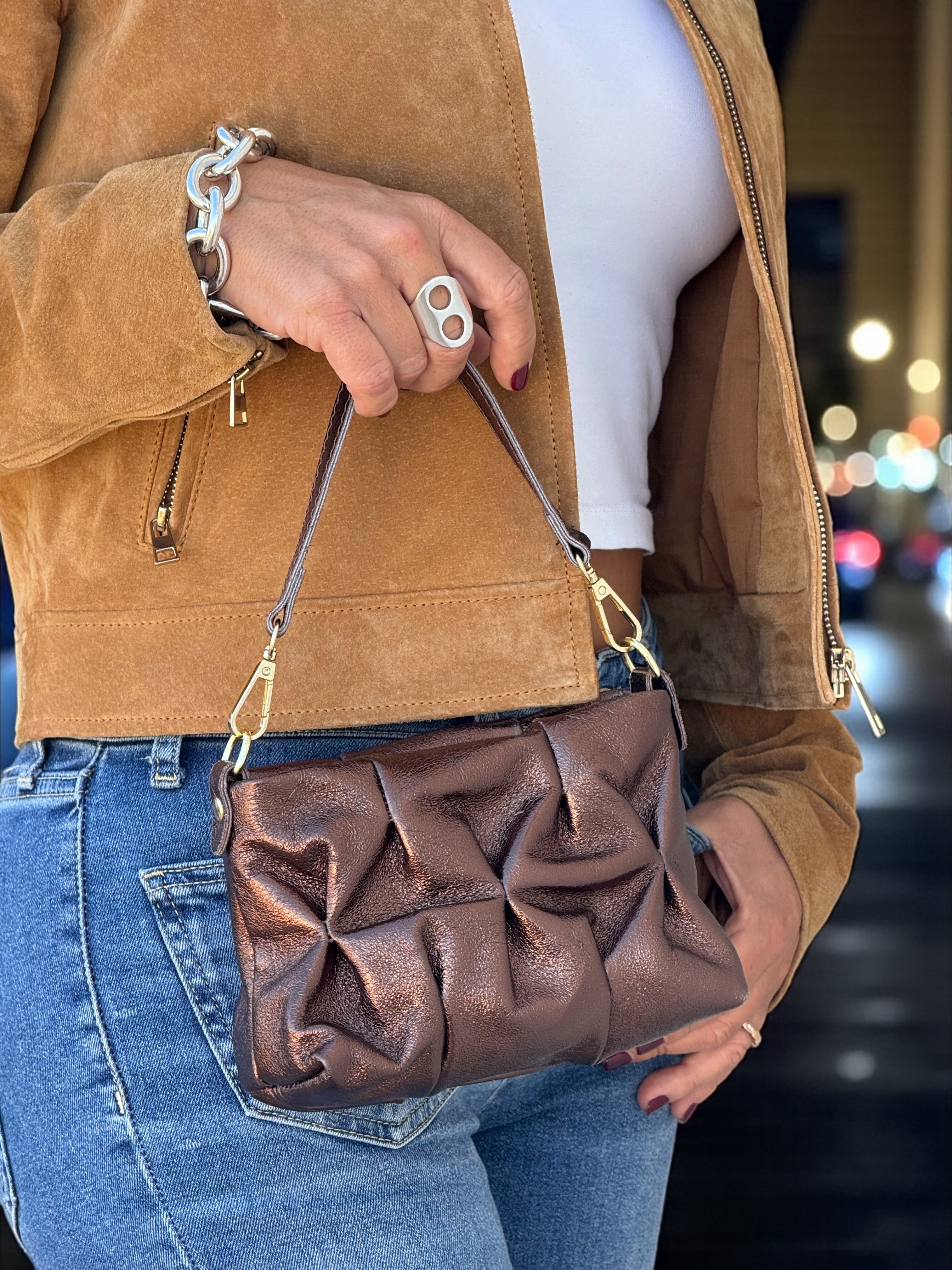 Mini Metallic Ruched Clutch – Genuine Italian Leather