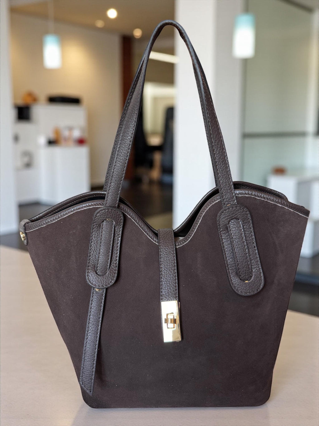 Suede and Leather Trapezoid shopper