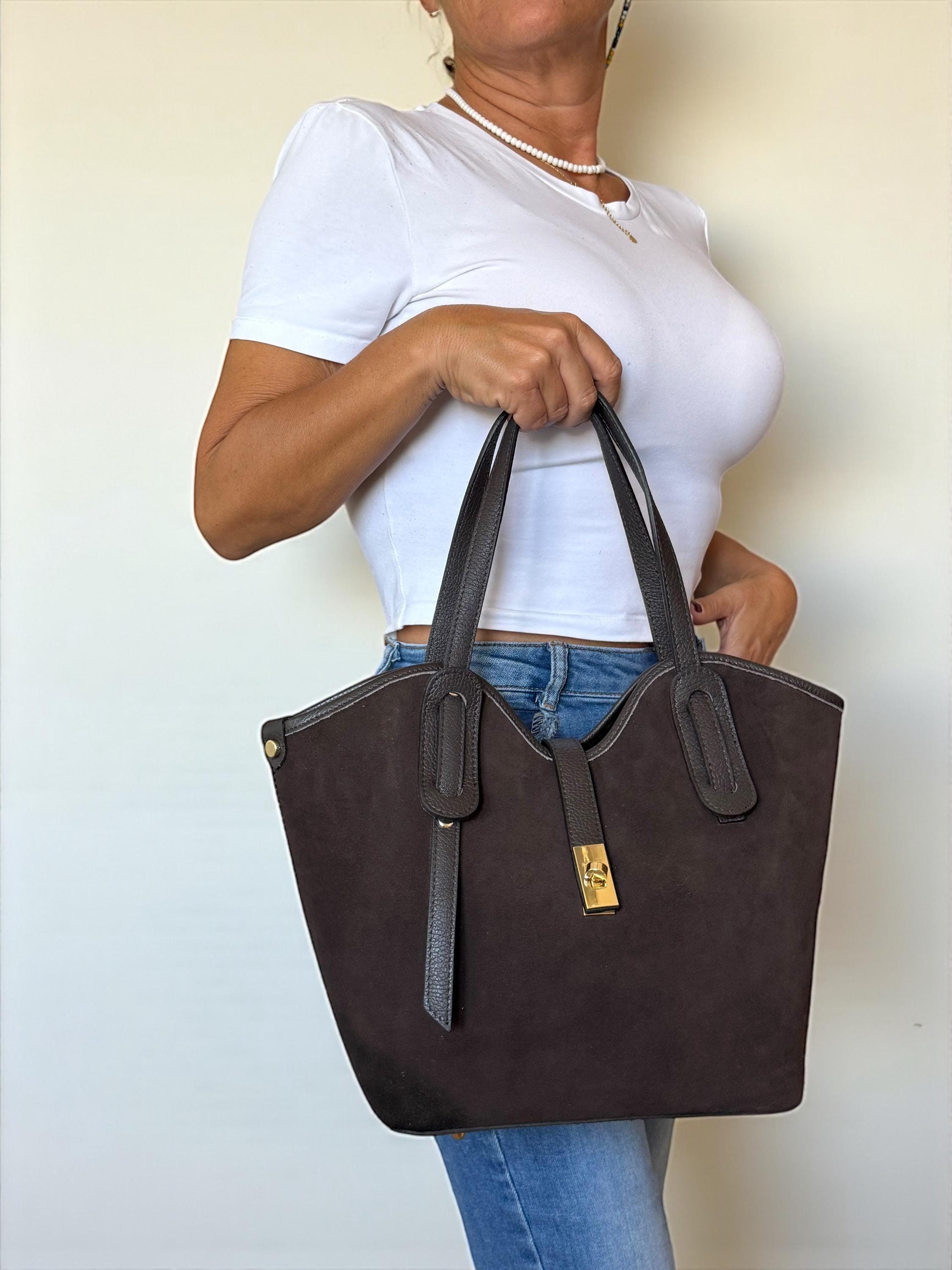 Suede and Leather Trapezoid Brown Shopper