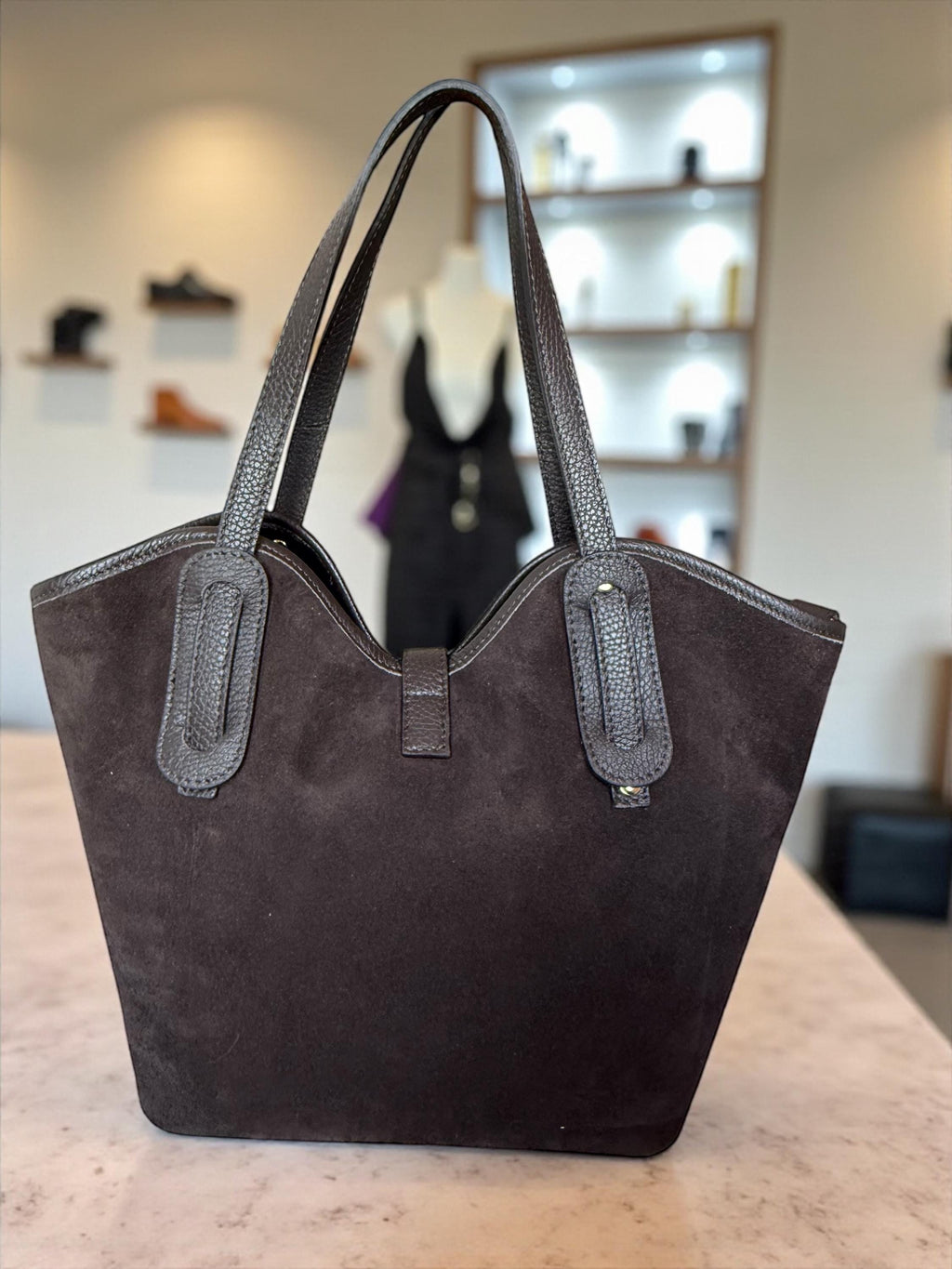 Suede and Leather Trapezoid Brown Shopper