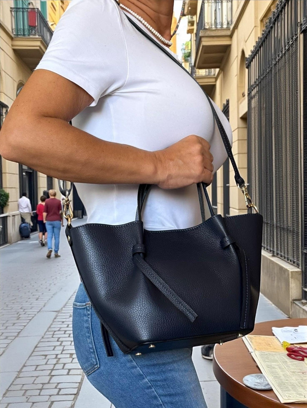 Navy Leather Trapezoid shopper