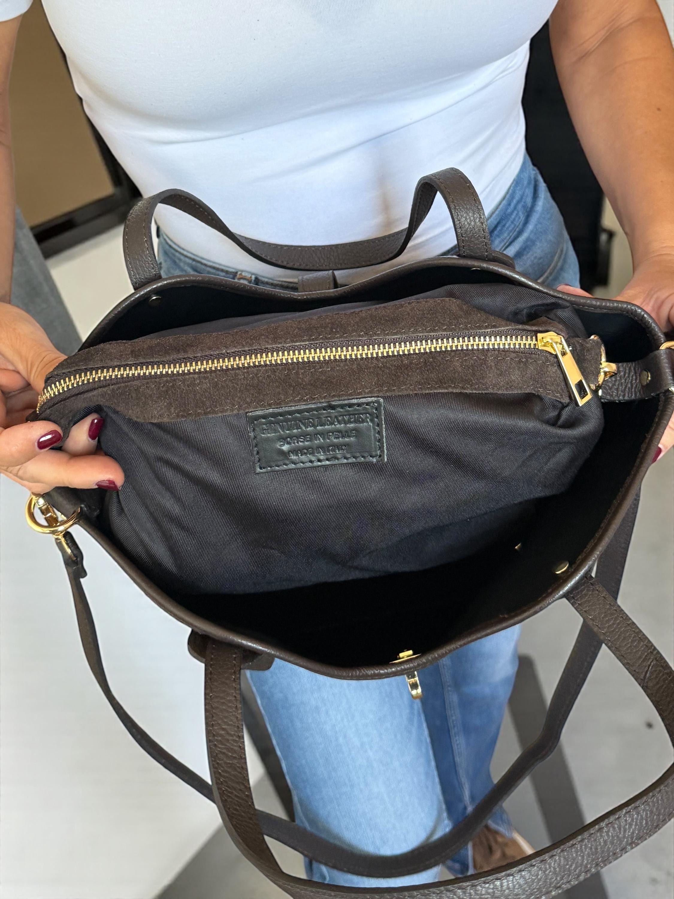 Suede and Leather Trapezoid Brown Shopper