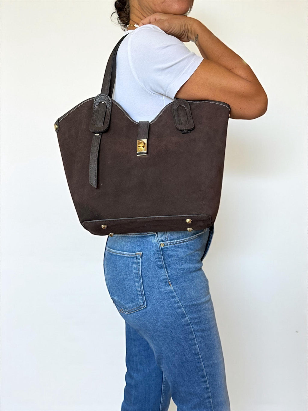 Suede and Leather Trapezoid Brown Shopper
