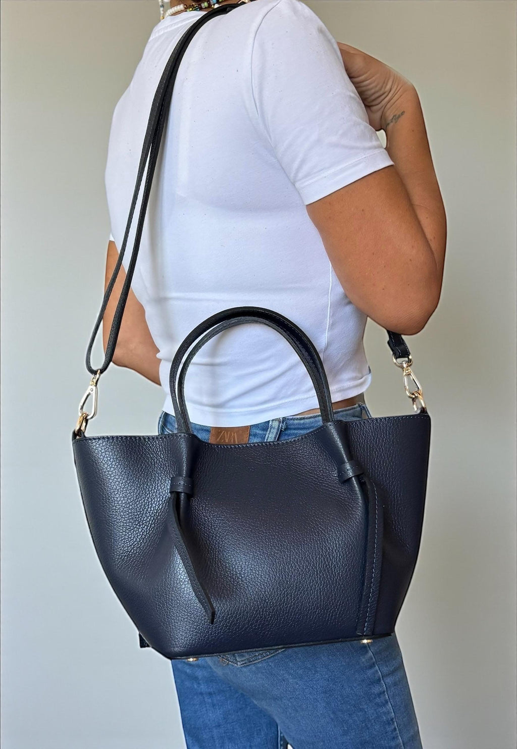 Navy Leather Trapezoid shopper