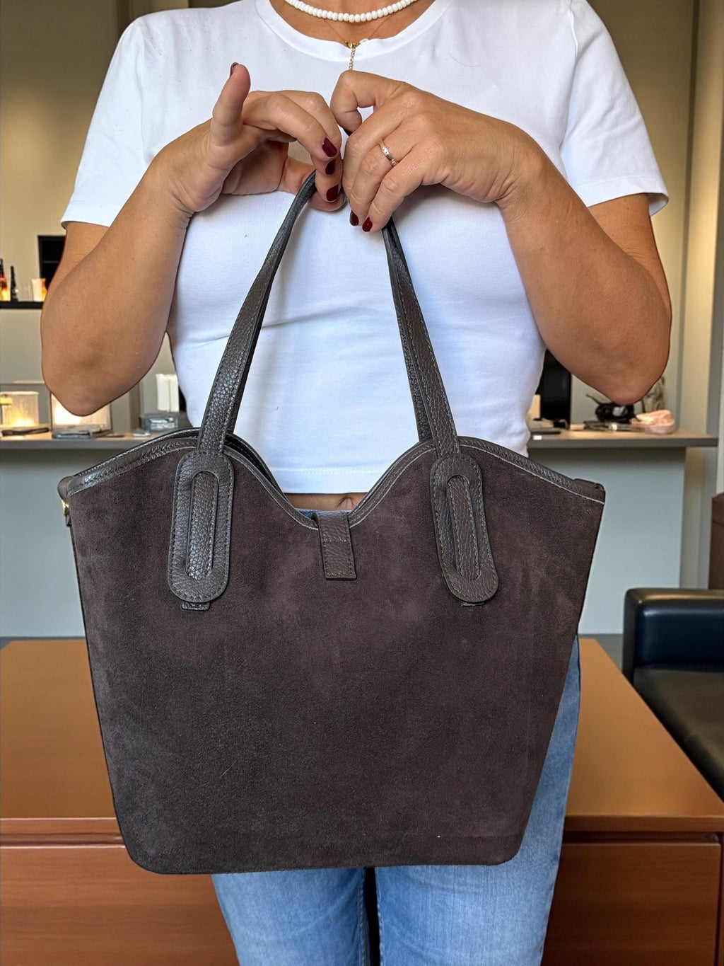 Suede and Leather Trapezoid Brown Shopper