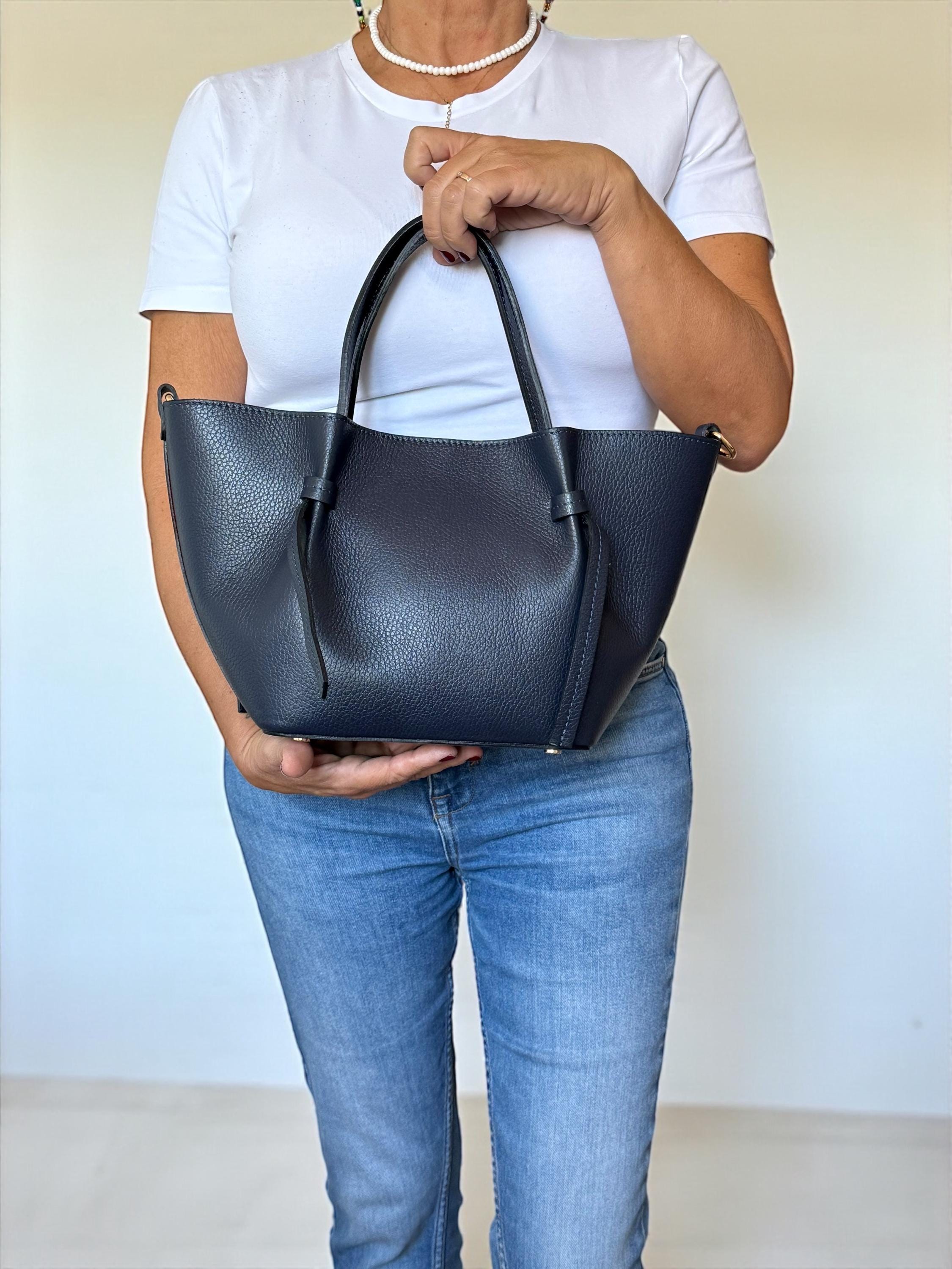 Navy Leather Trapezoid shopper