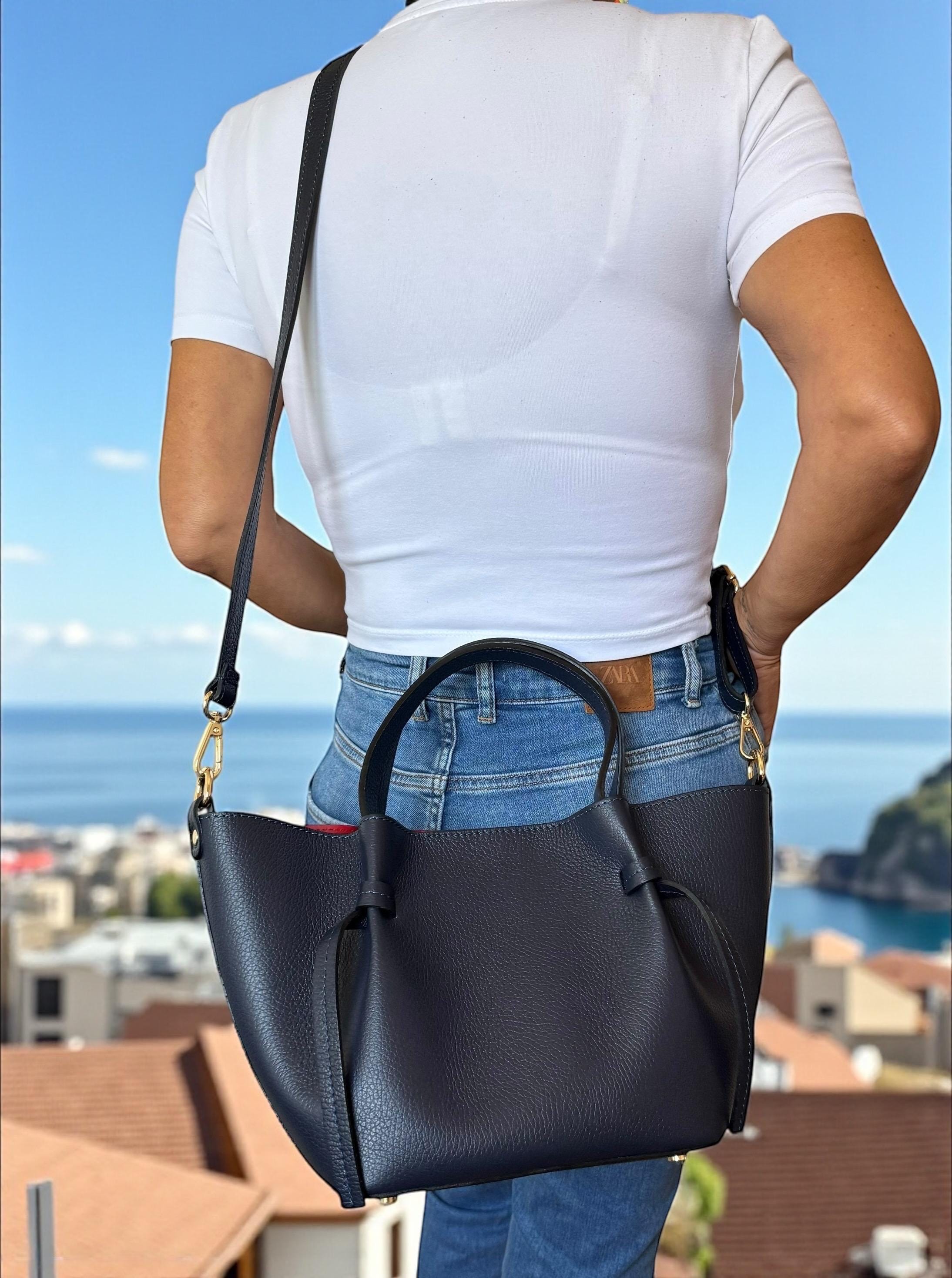 Navy Leather Trapezoid shopper