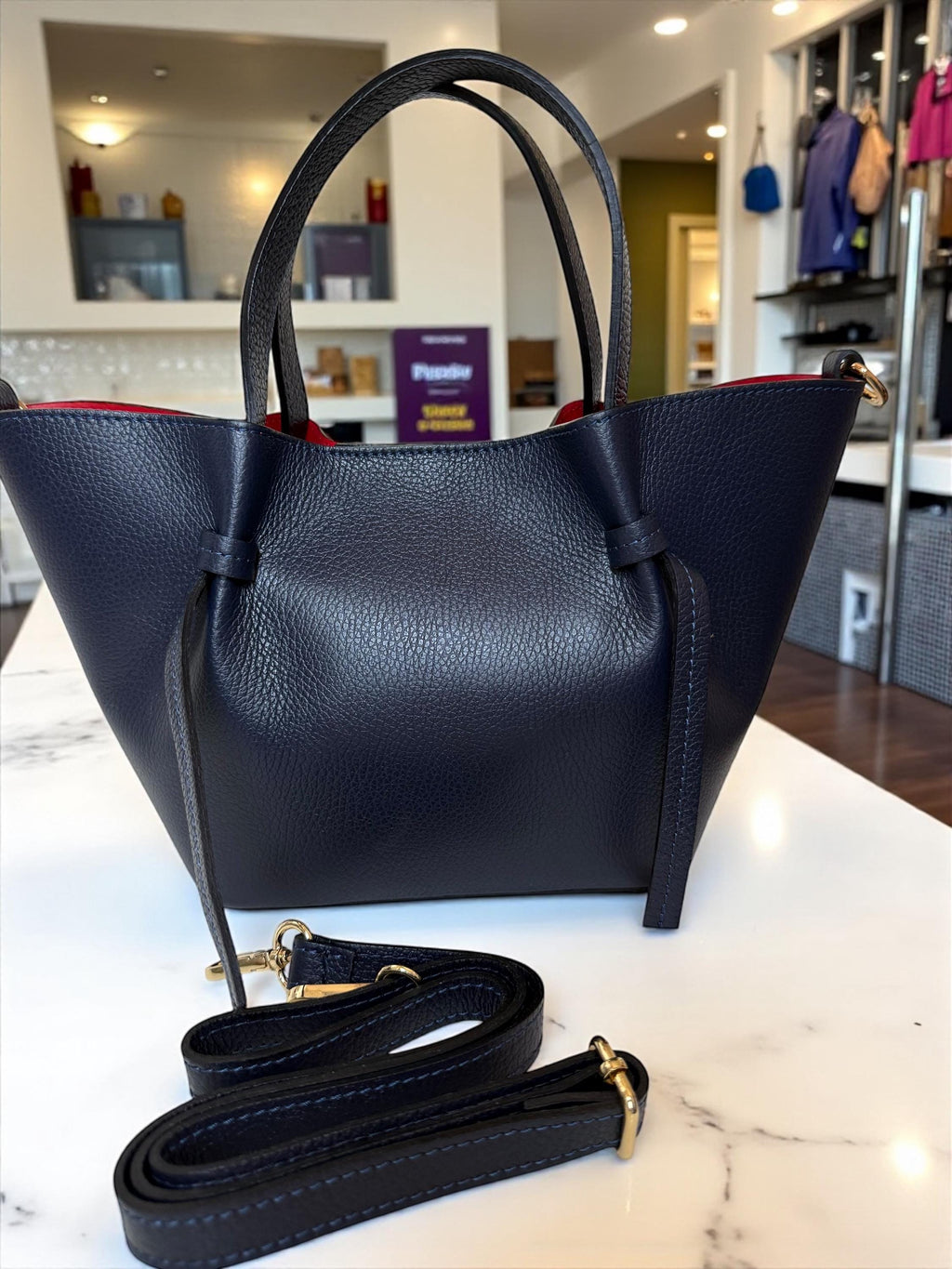 Navy Leather Trapezoid shopper