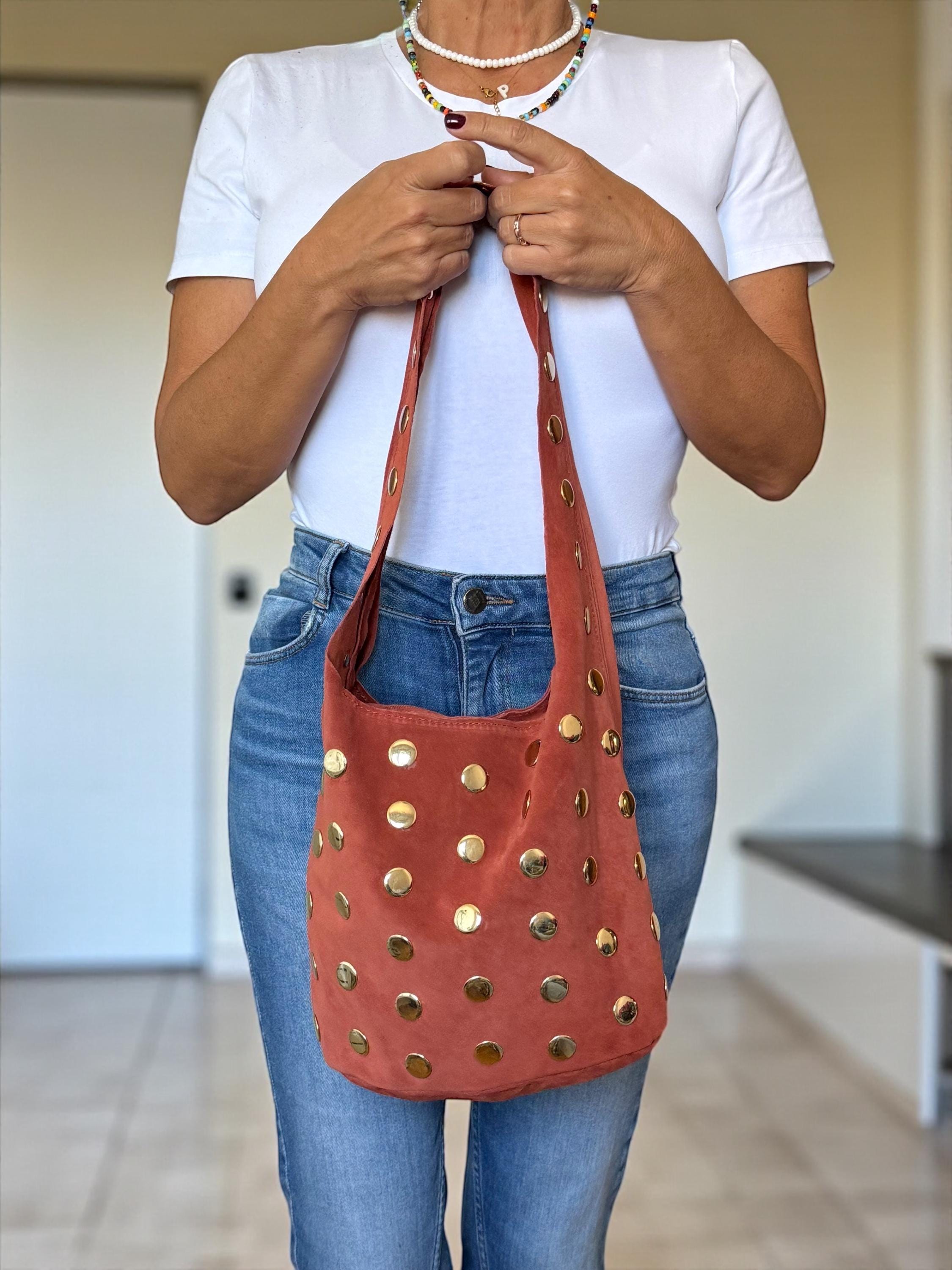 Extra-Soft Suede Gold Studded Shoulder Bag –