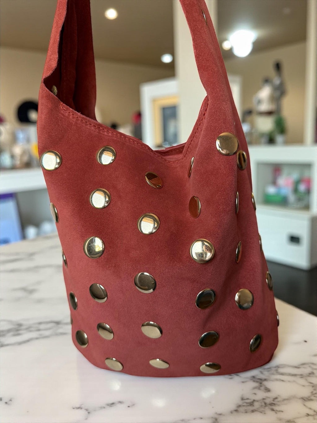 Extra-Soft Suede Gold Studded Shoulder Bag –