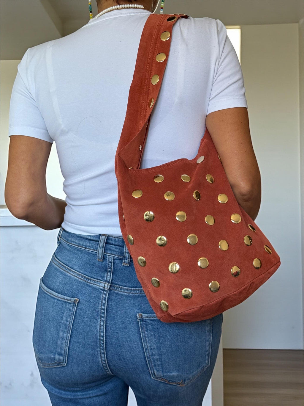 Extra-Soft Suede Gold Studded Shoulder Bag –