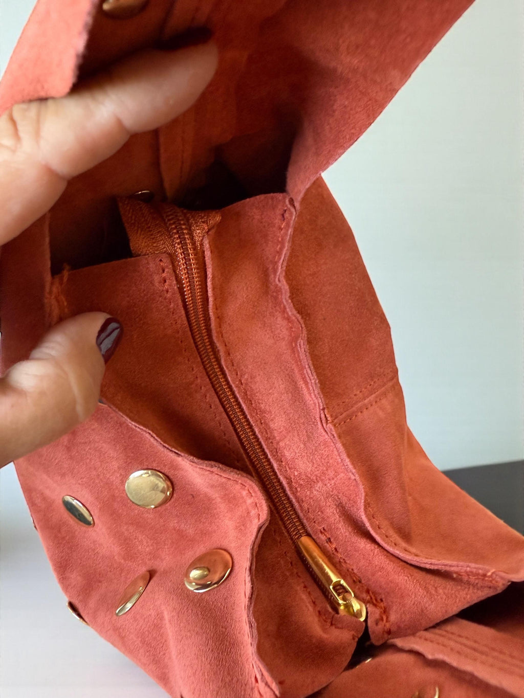 Extra-Soft Suede Gold Studded Shoulder Bag –