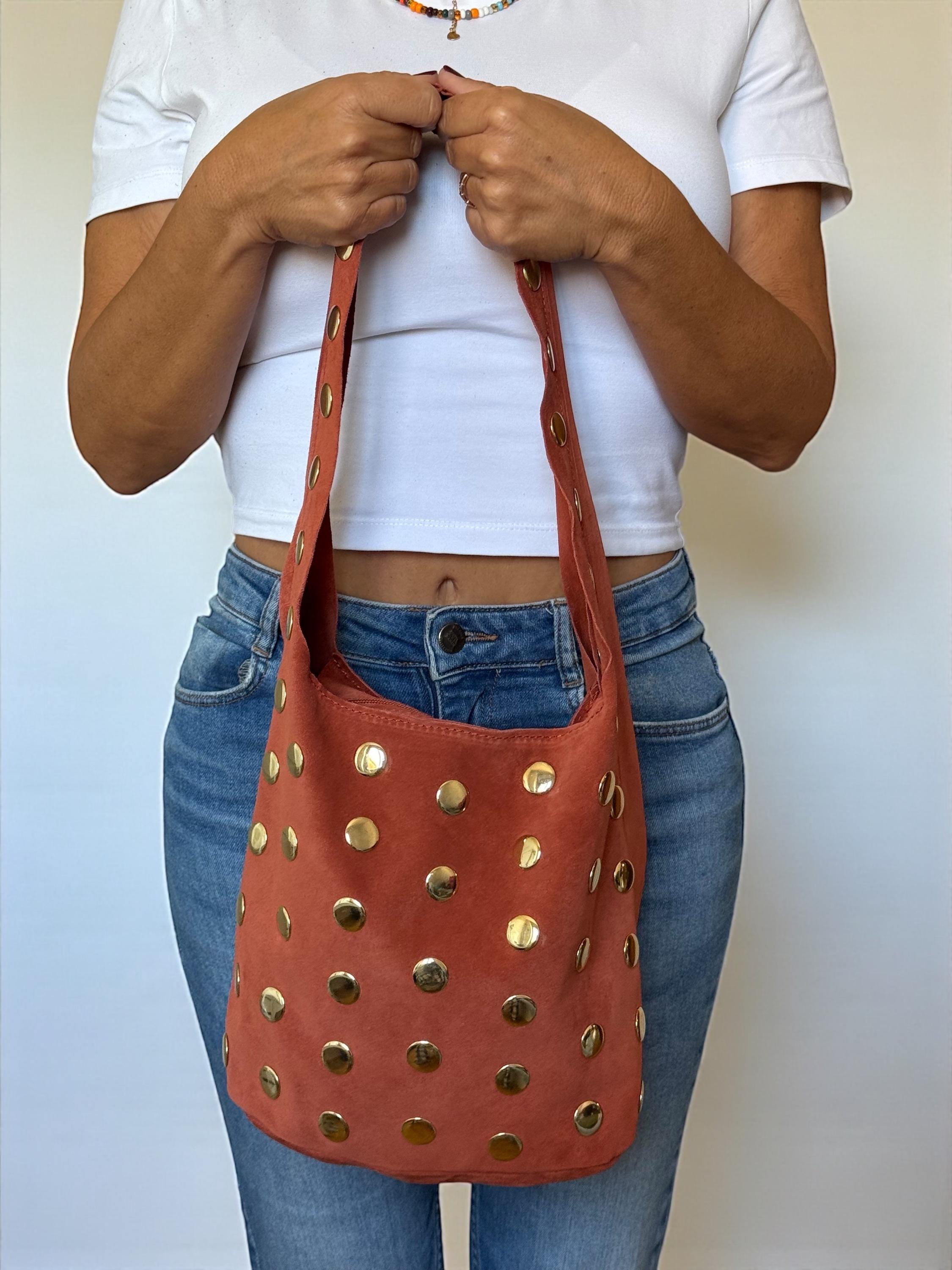 Extra-Soft Suede Gold Studded Shoulder Bag –