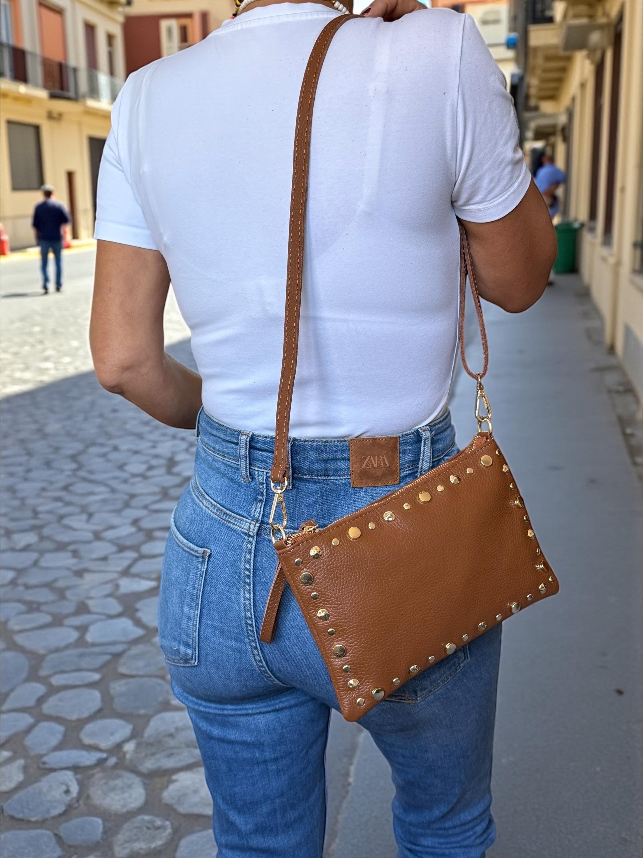 Camel Brown Pebbled Leather Gold Studded Trim Clutch
