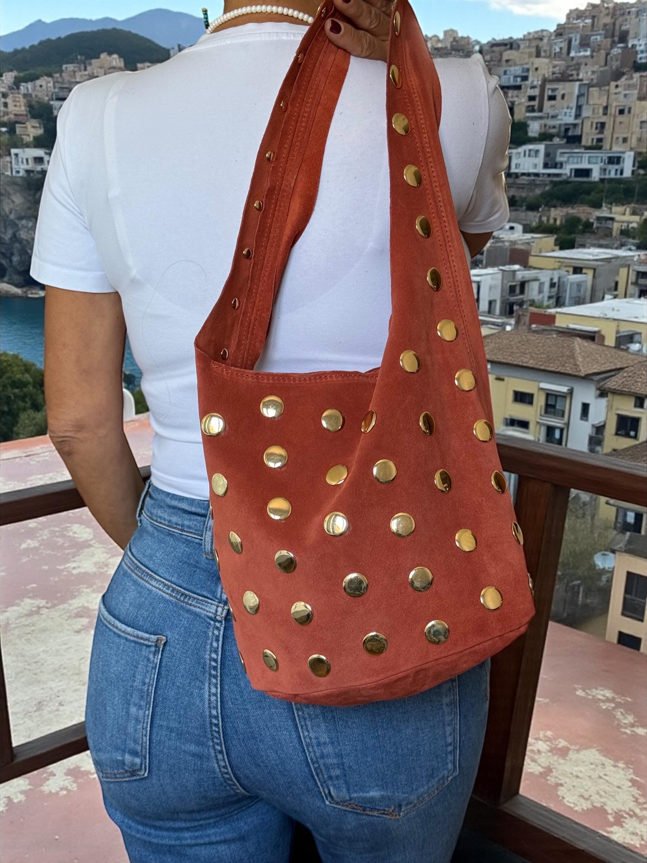 Extra-Soft Suede Gold Studded Shoulder Bag –