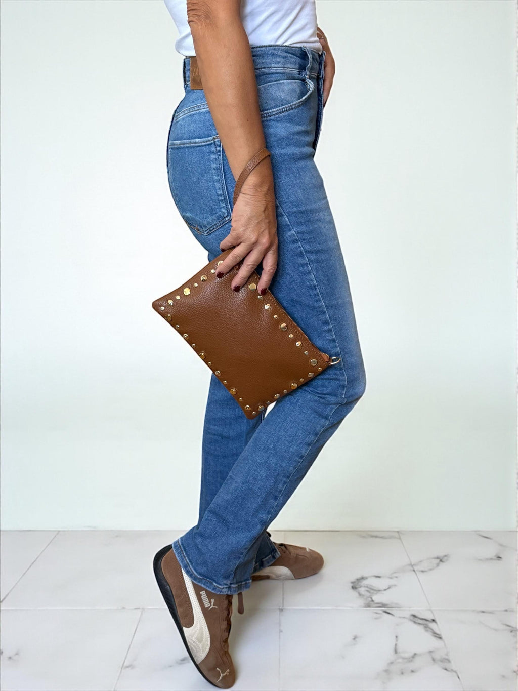 Camel Brown Pebbled Leather Gold Studded Trim Clutch