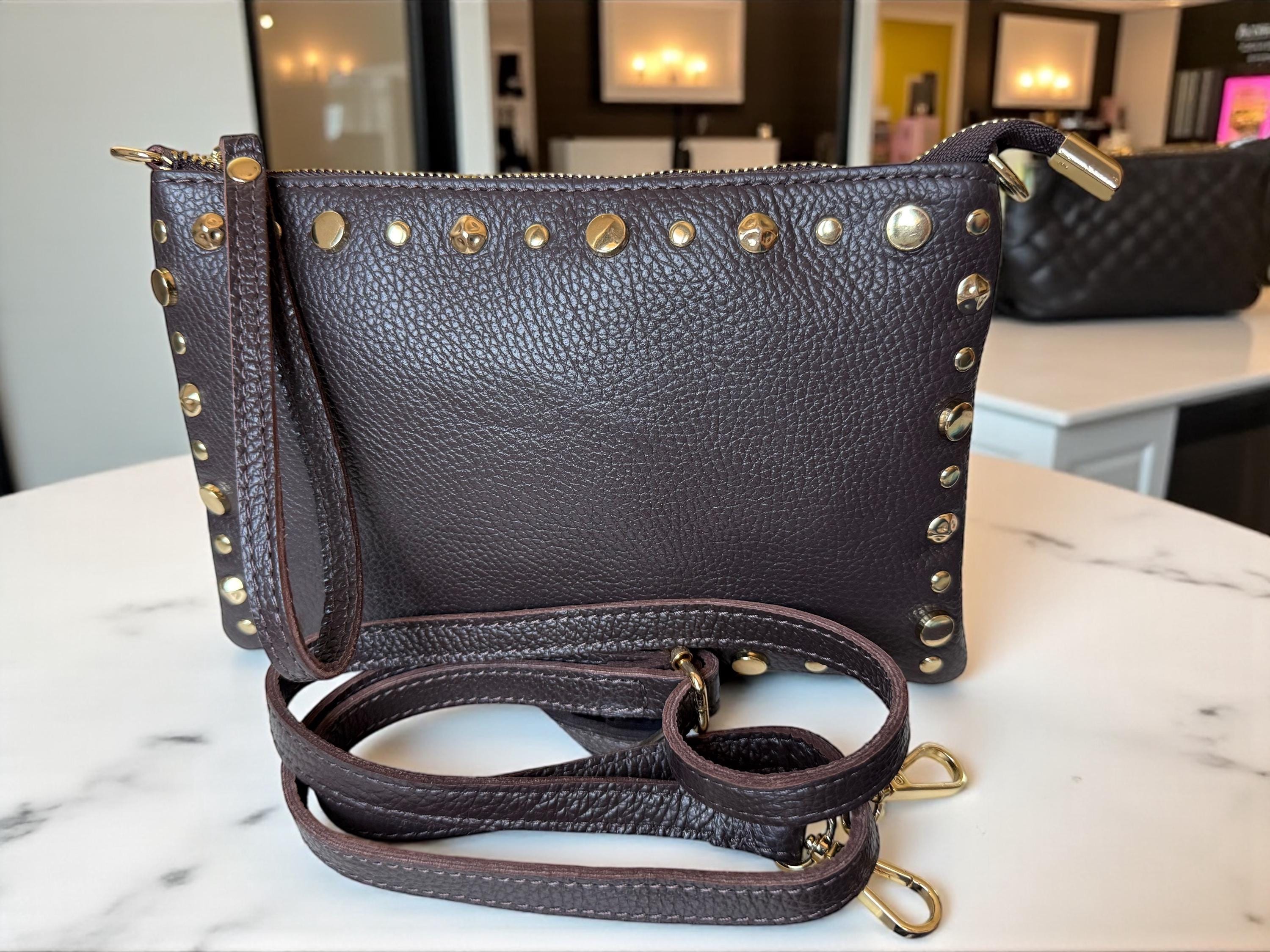 Dark Brown Pebbled Leather Gold Studded Trim Clutch -
