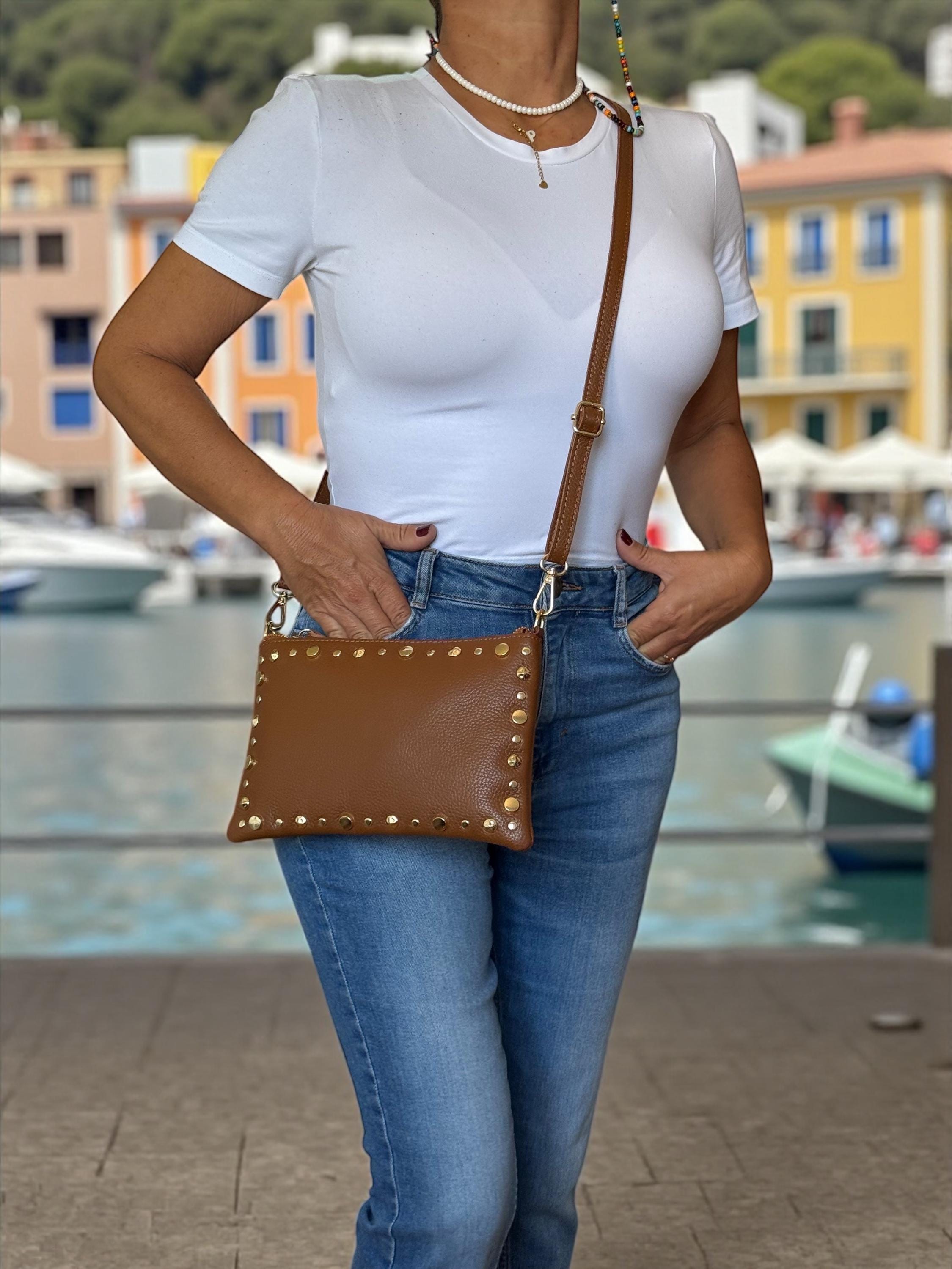 Camel Brown Pebbled Leather Gold Studded Trim Clutch