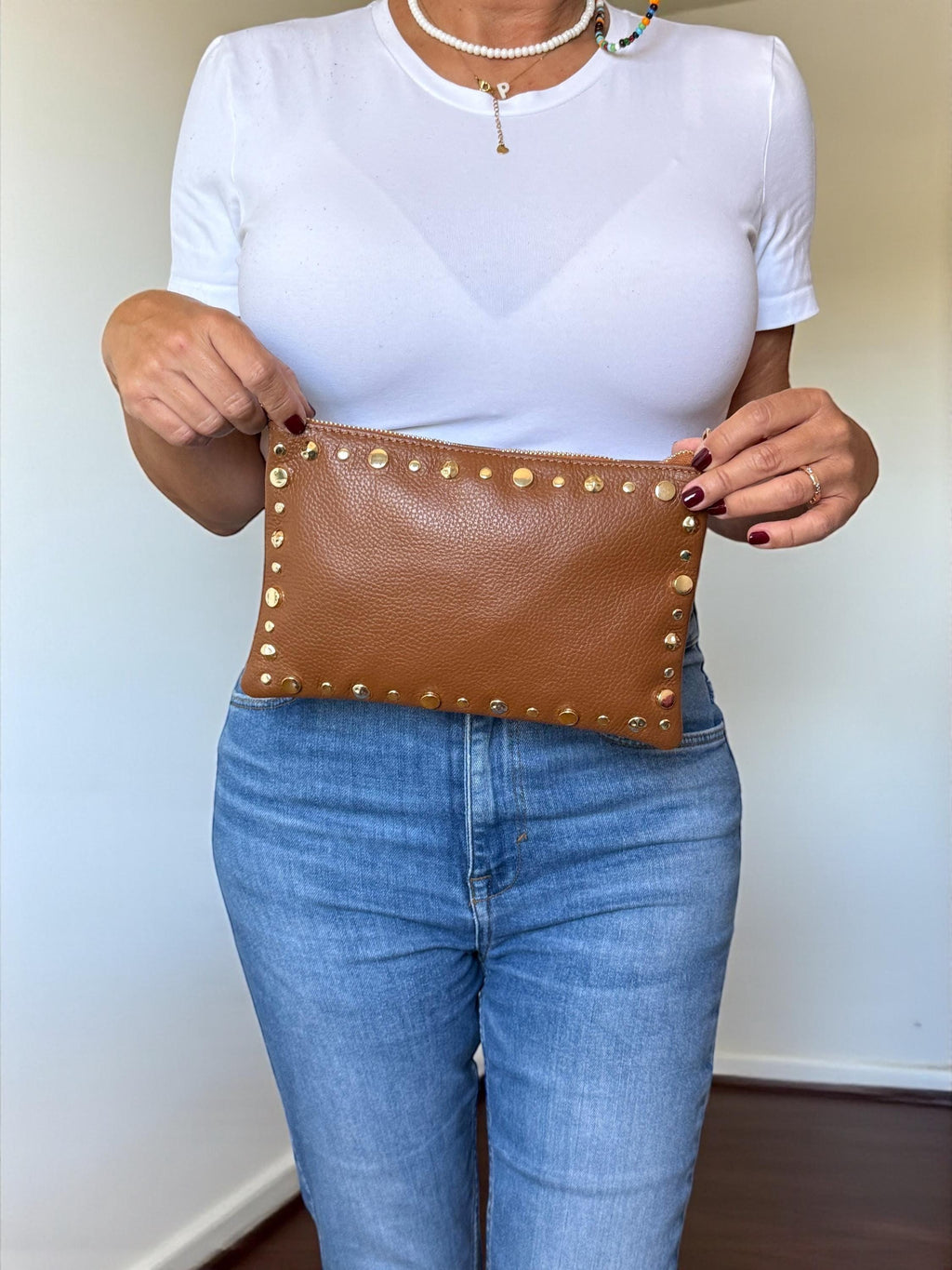 Dark Brown Pebbled Leather Gold Studded Trim Clutch -