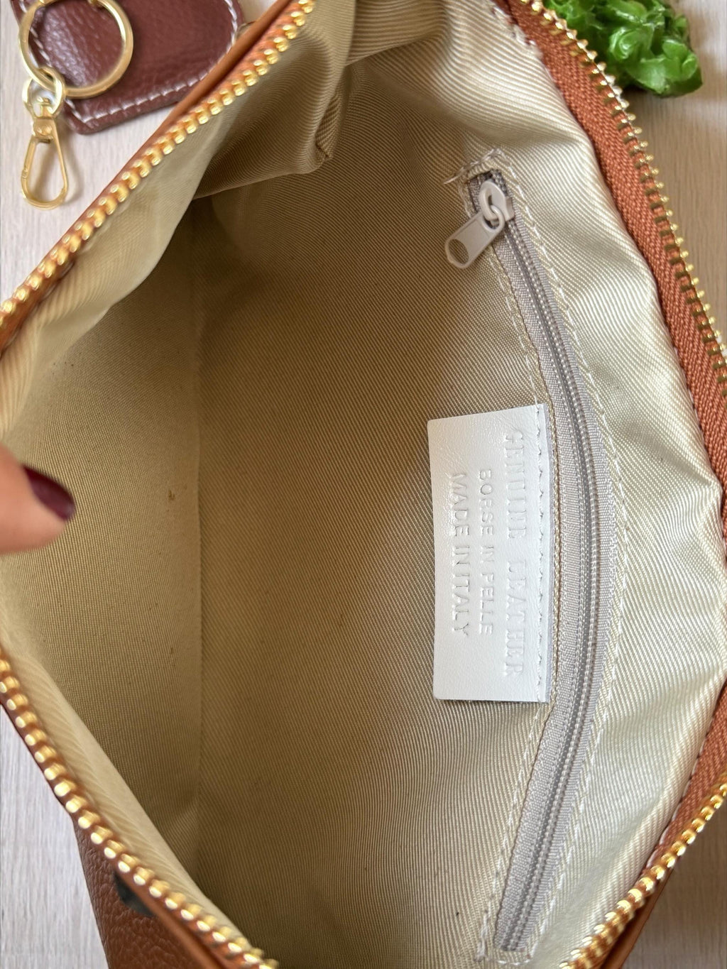 Camel Brown Pebbled Leather Gold Studded Trim Clutch