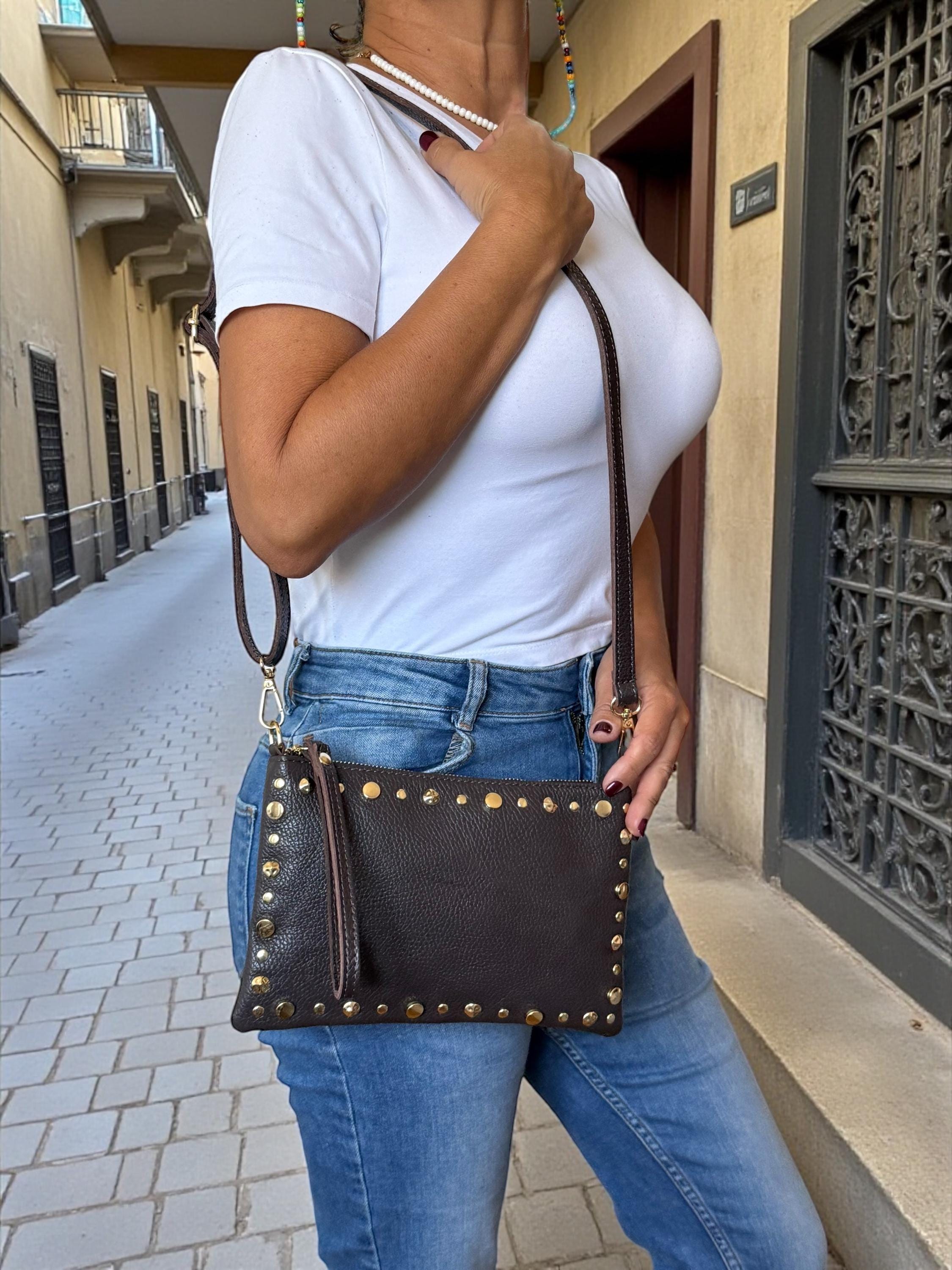 Dark Brown Pebbled Leather Gold Studded Trim Clutch -