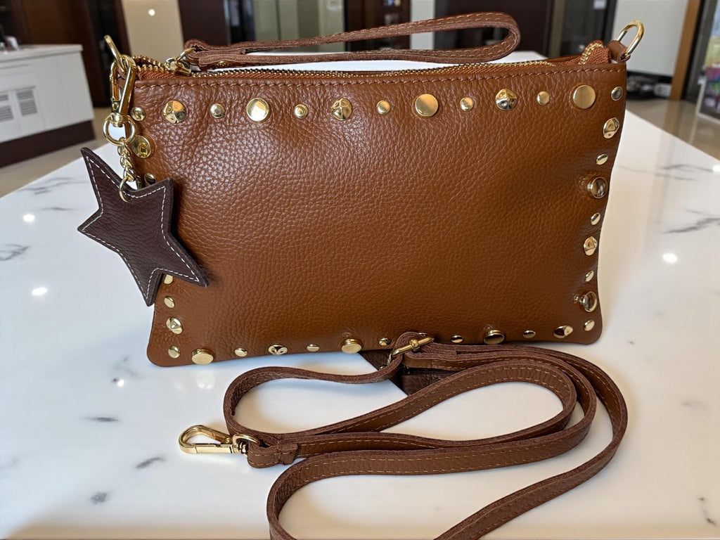 Dark Brown Pebbled Leather Gold Studded Trim Clutch -