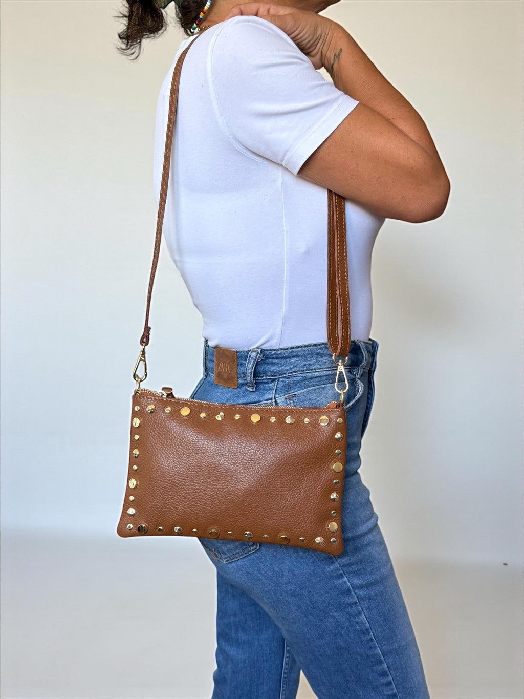 Camel Brown Pebbled Leather Gold Studded Trim Clutch