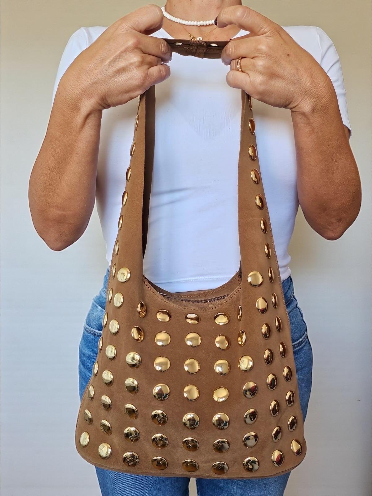 Extra Soft and Flexible  Suede and Gold studded Shoulder Bag