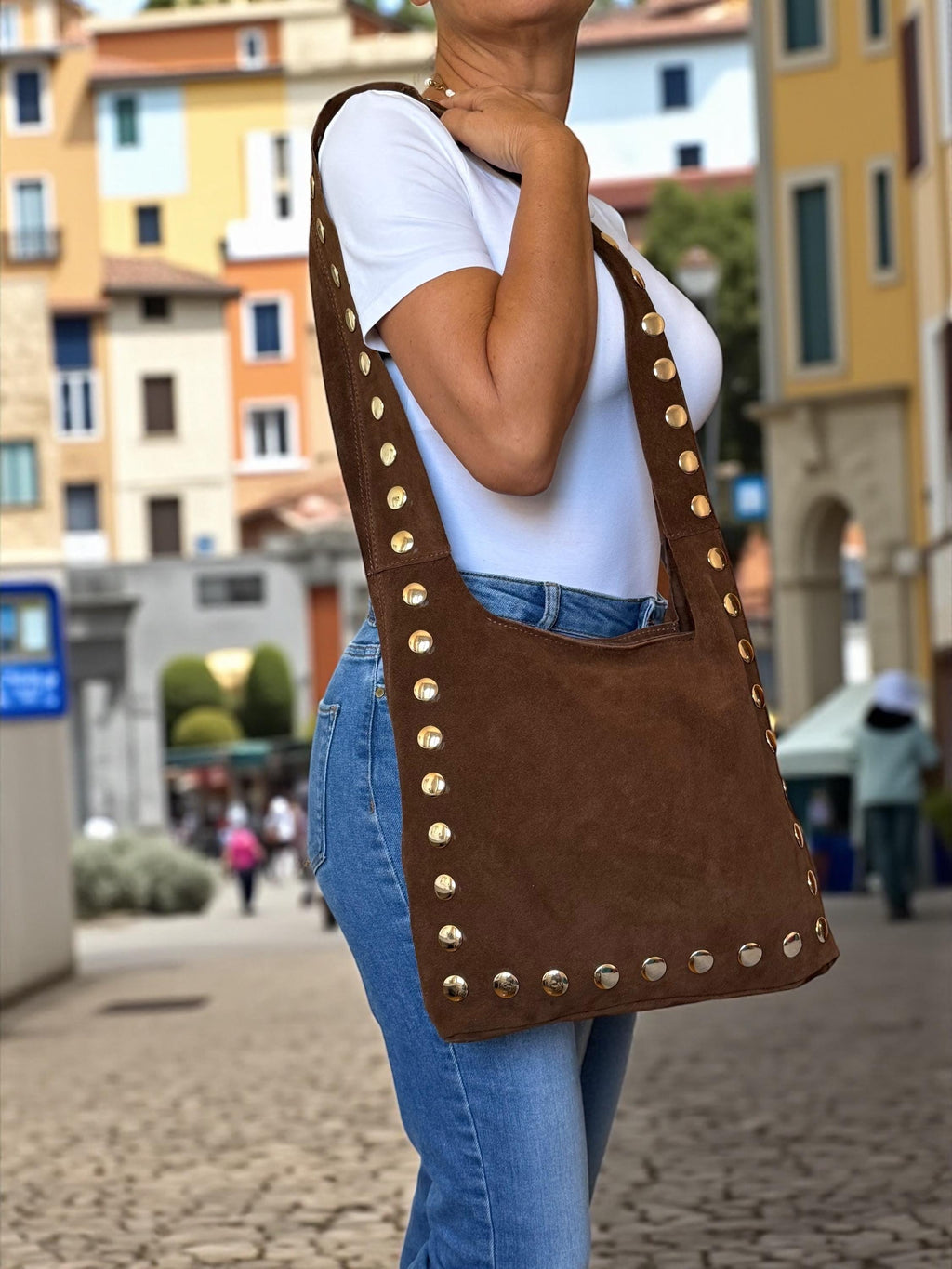 Large Ultra-Soft Studded Suede Shoulder Bag