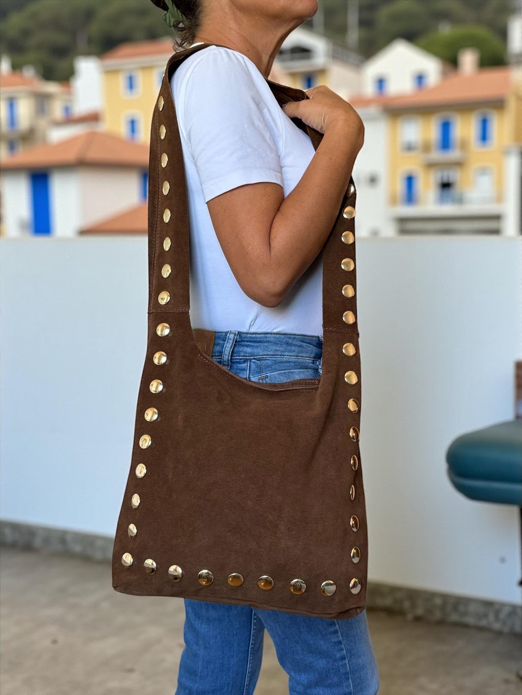 Large Ultra-Soft Studded Suede Shoulder Bag