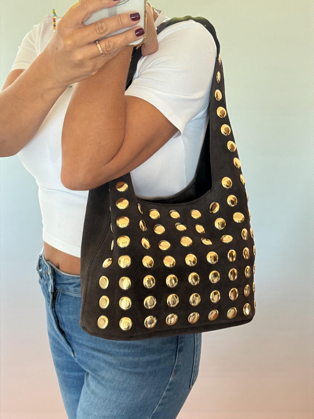 Extra Soft and Flexible  Suede and Gold studded Shoulder Bag