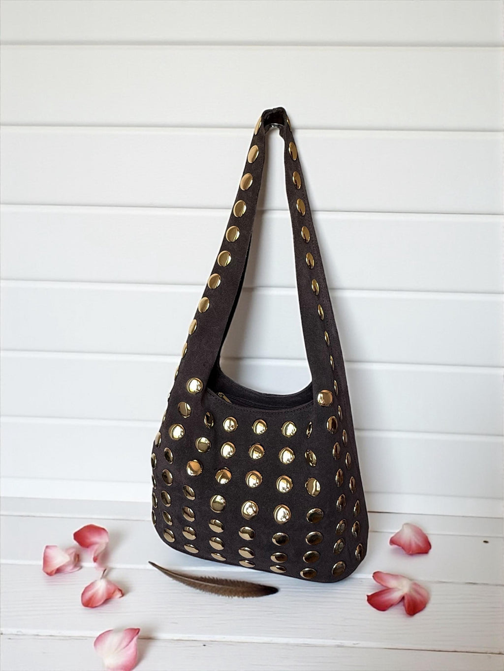 Extra Soft and Flexible  Suede and Gold studded Shoulder Bag