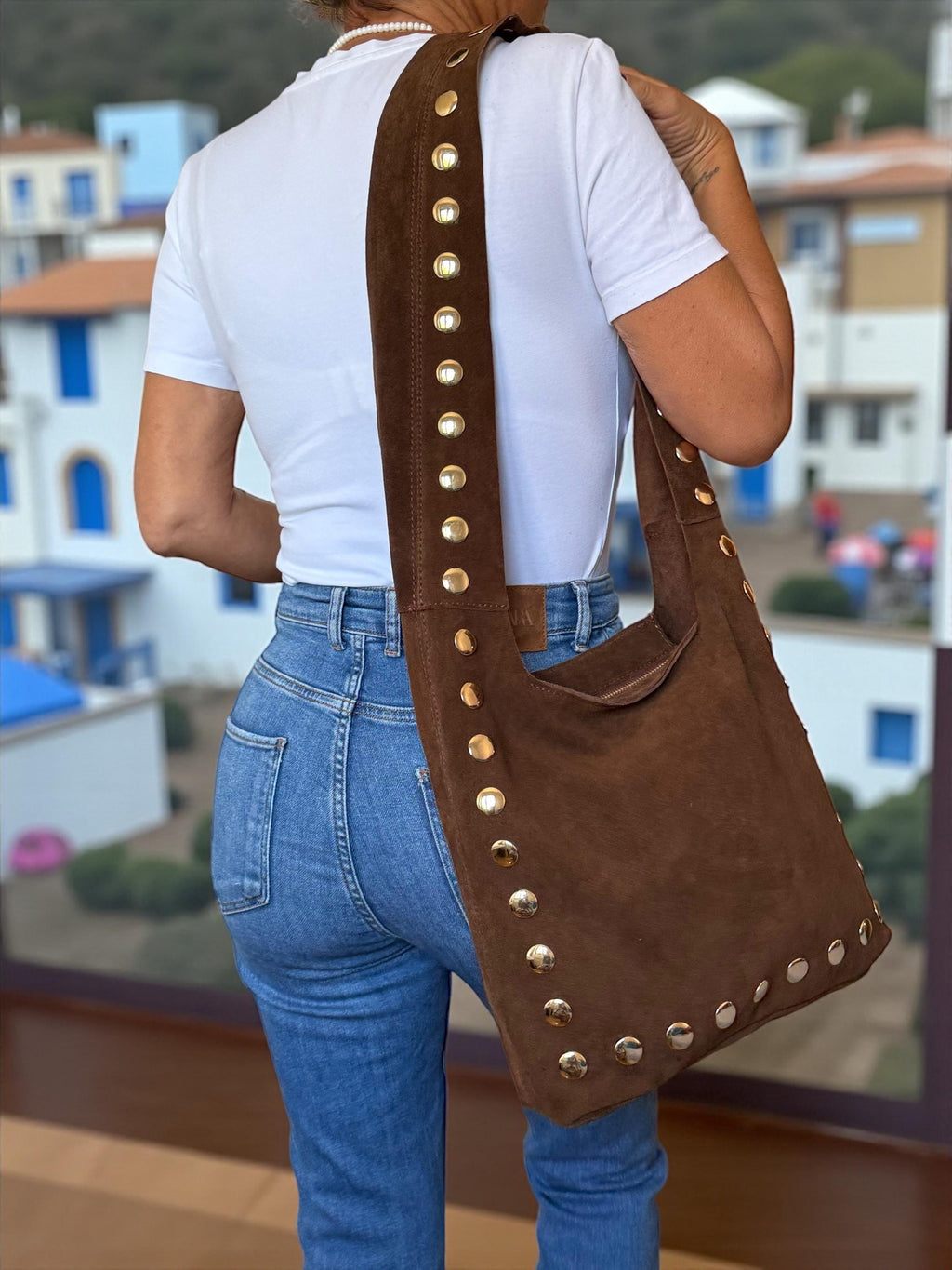 Large Ultra-Soft Studded Suede Shoulder Bag