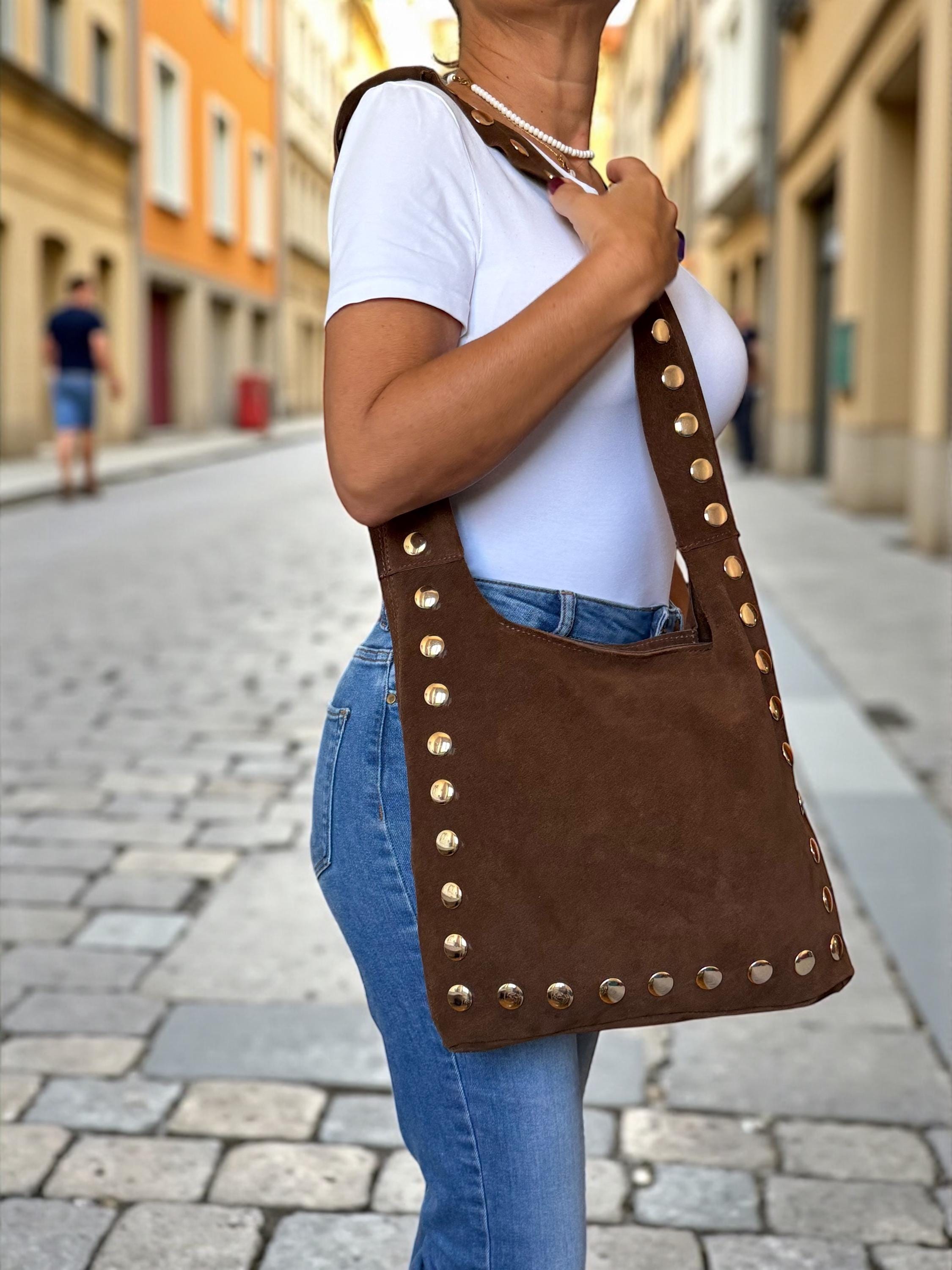 Large Ultra-Soft Studded Suede Shoulder Bag