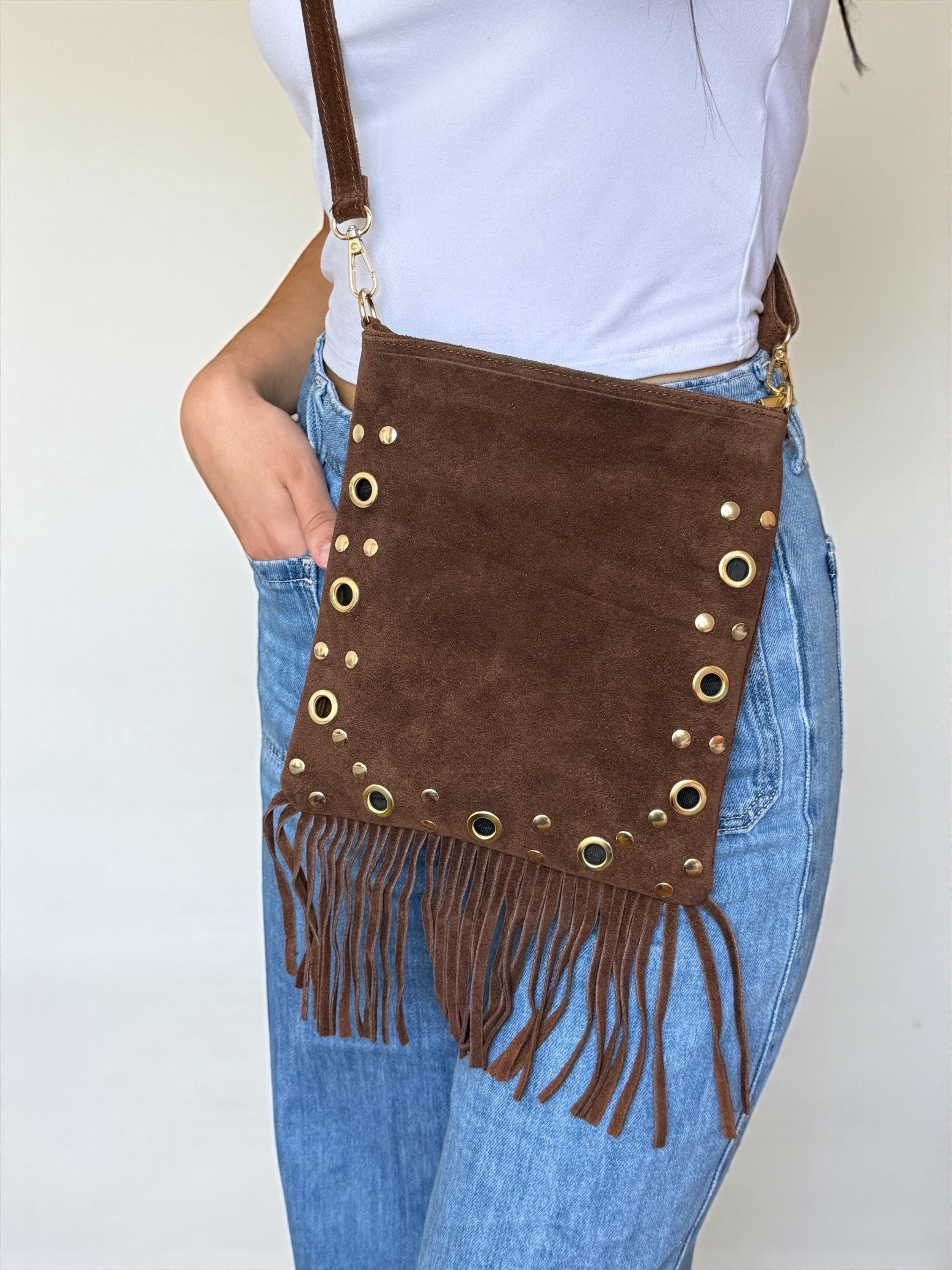 Boho fringe Suede Gold Eyelets Soft crossbody  Bag