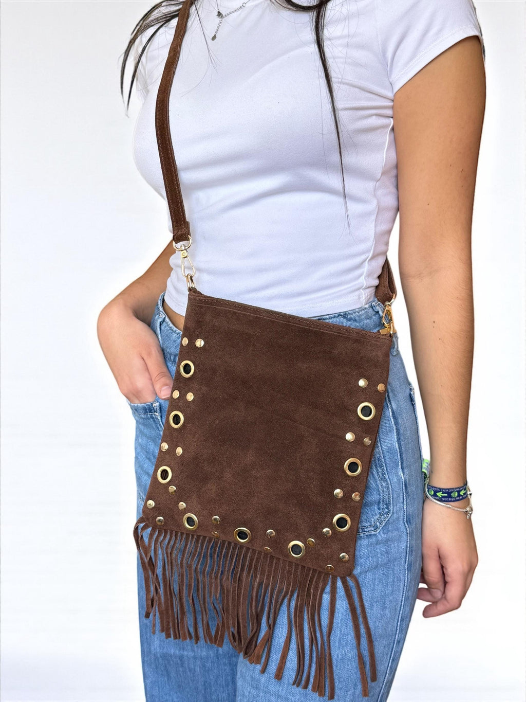Boho fringe Suede Gold Eyelets Soft crossbody  Bag