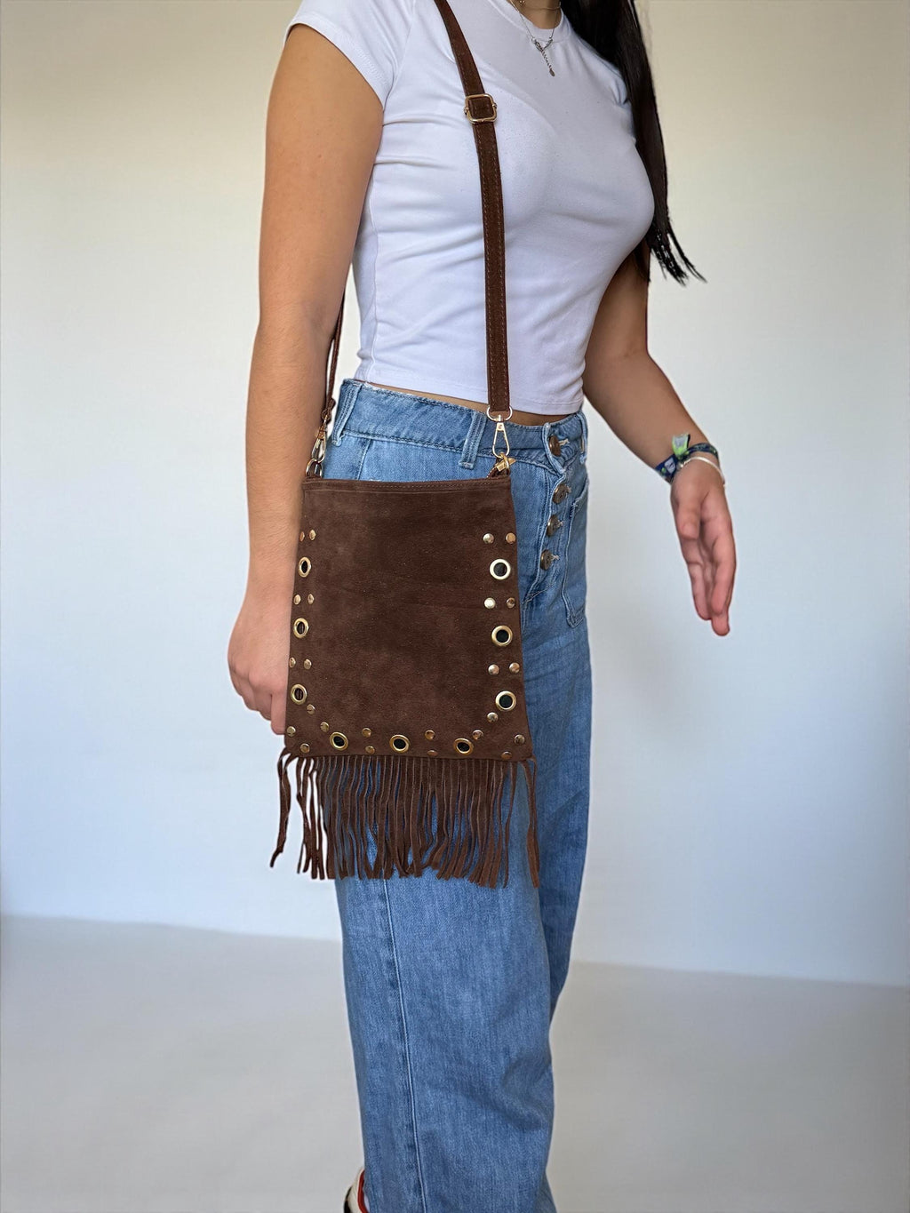 Boho fringe Suede Gold Eyelets Soft crossbody  Bag