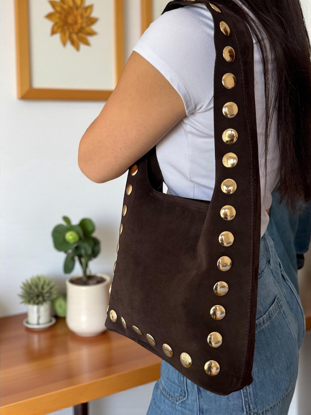 Ultra-Soft & Flexible Suede Shoulder Studs Tote  Bag