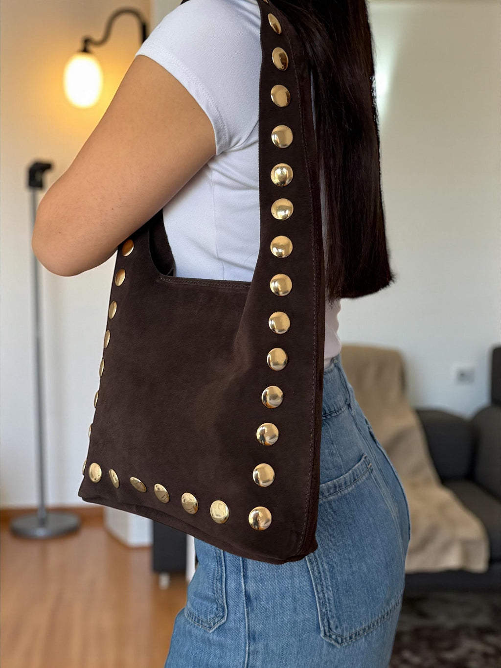 Ultra-Soft & Flexible Suede Shoulder Studs Tote  Bag