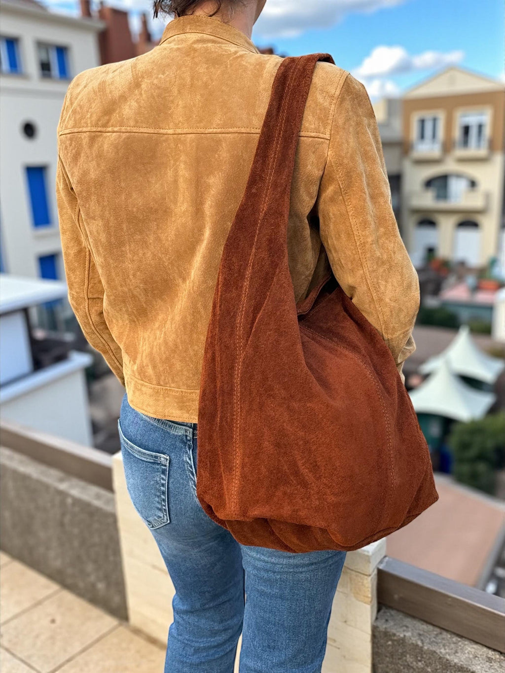 Brown Large Suede Shoulder Hobo Bag