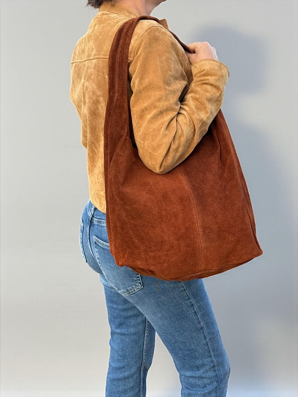 Brown Large Suede Shoulder Hobo Bag
