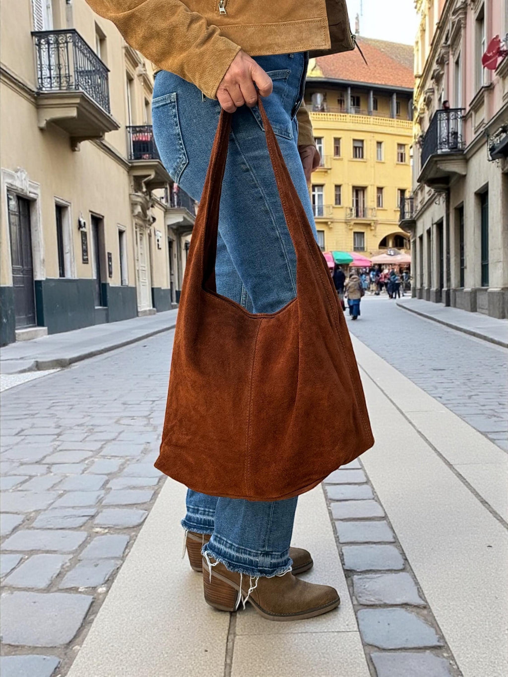 Brown Large Suede Shoulder Hobo Bag