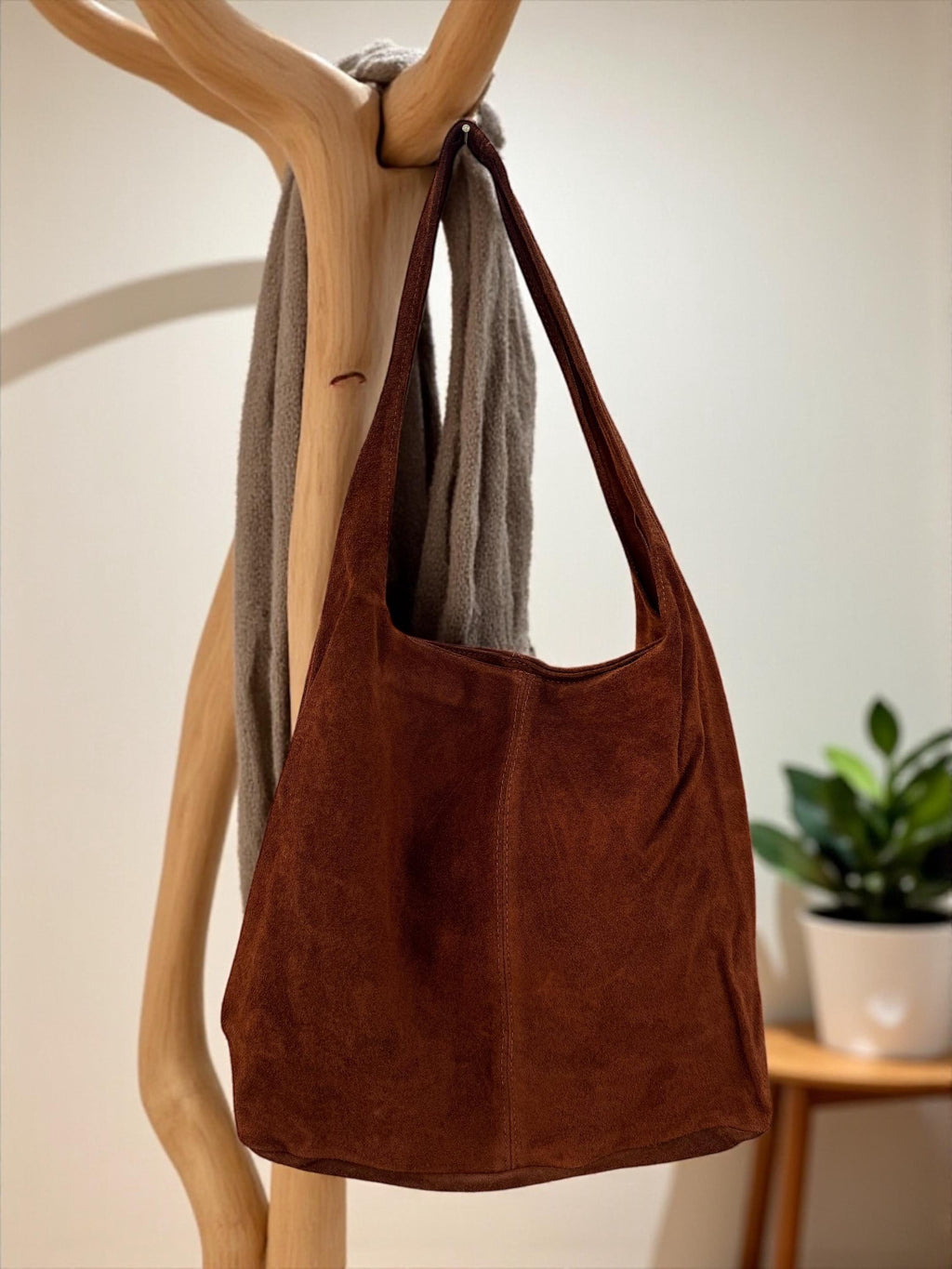 Brown Large Suede Shoulder Hobo Bag