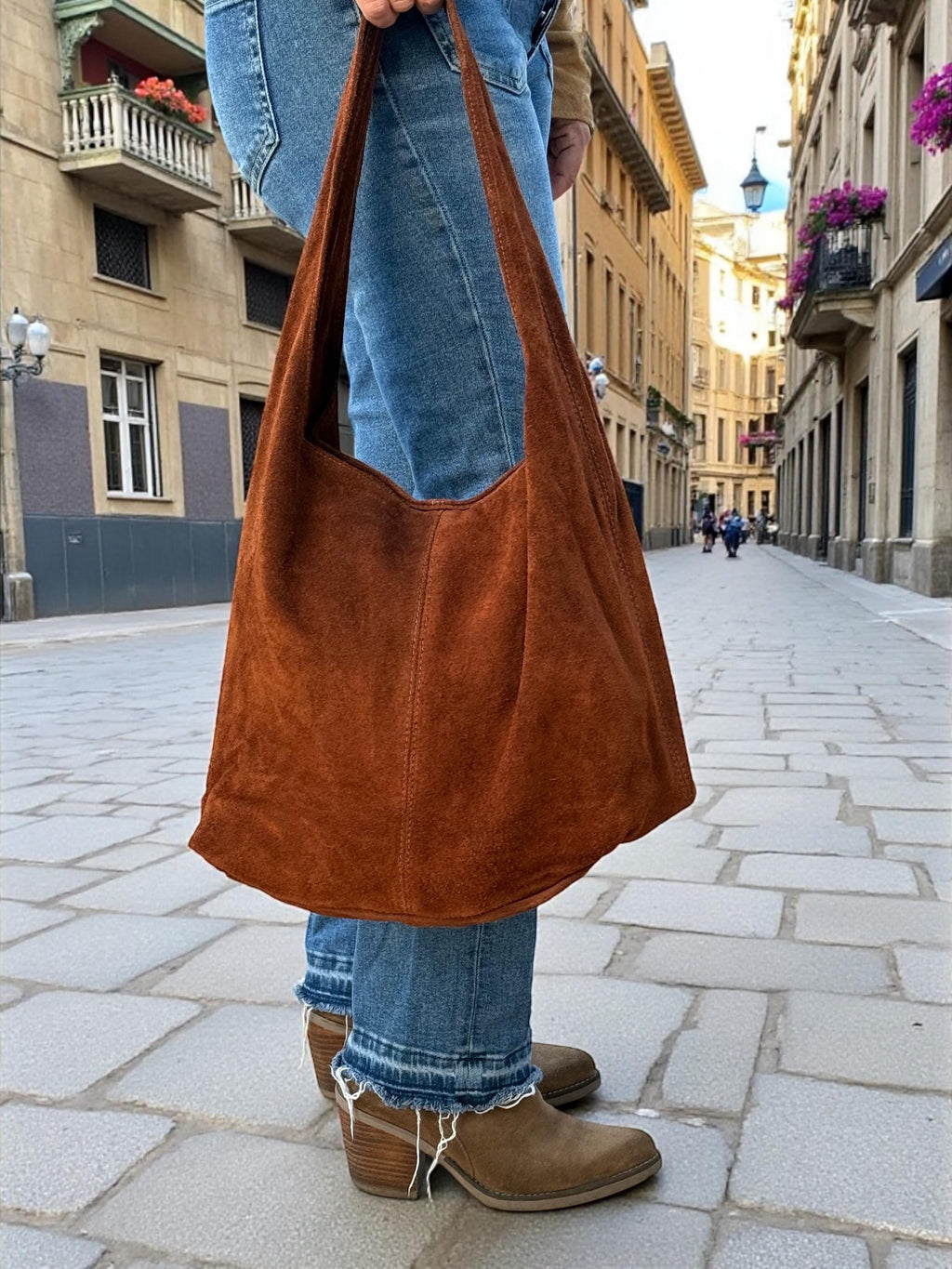Brown Large Suede Shoulder Hobo Bag