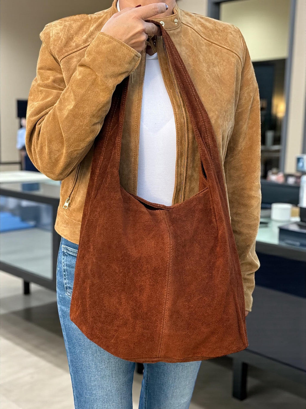 Brown Large Suede Shoulder Hobo Bag