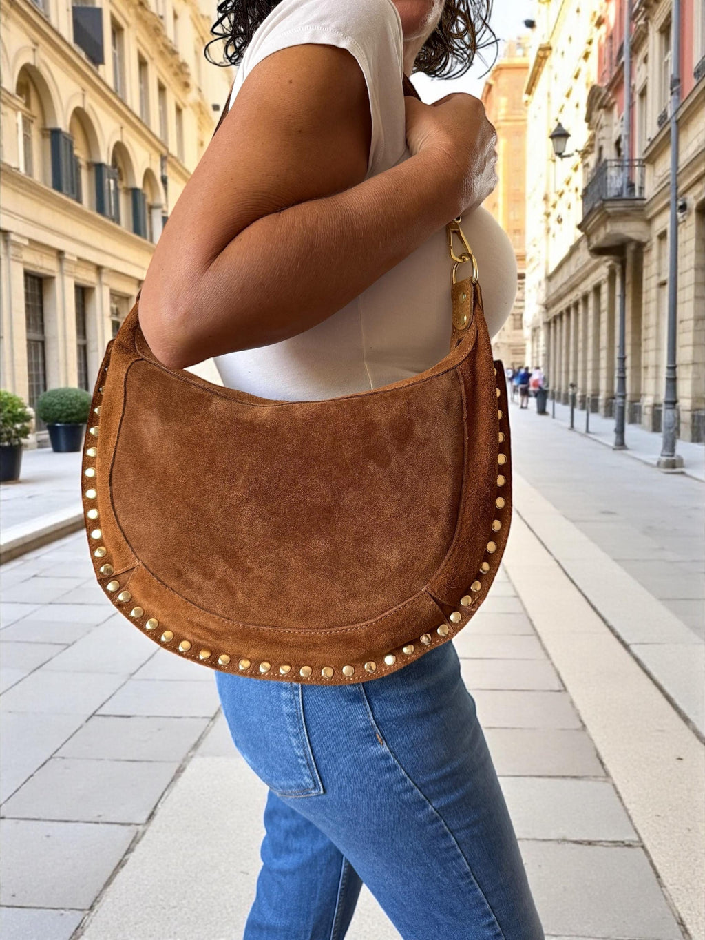 Camel Suede Crescent Shoulder Bag with Gold Studs
