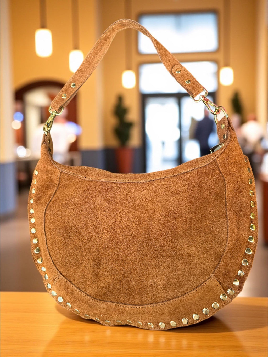 Camel Suede Crescent Shoulder Bag with Gold Studs
