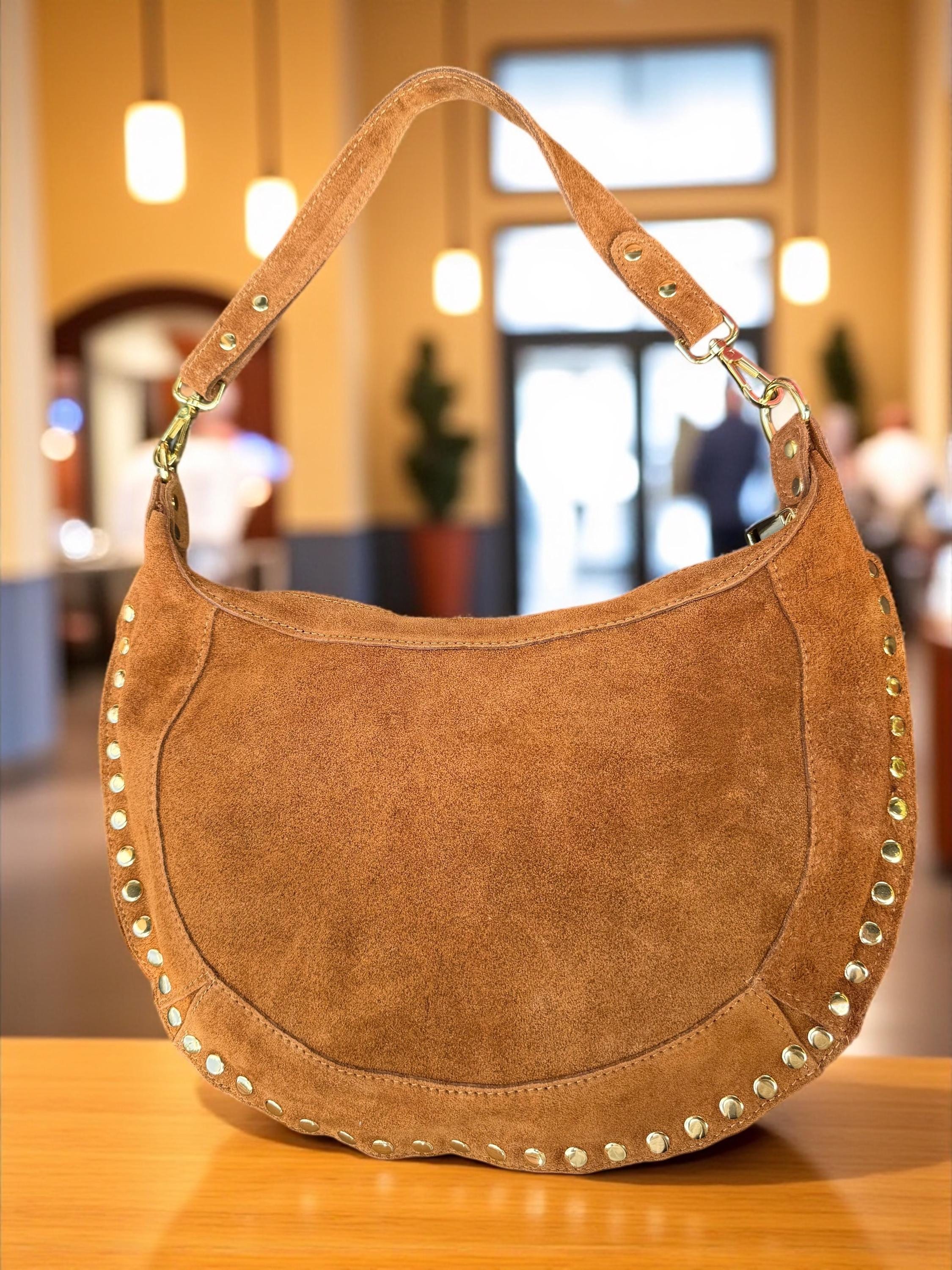 Camel Suede Crescent Shoulder Bag with Gold Studs
