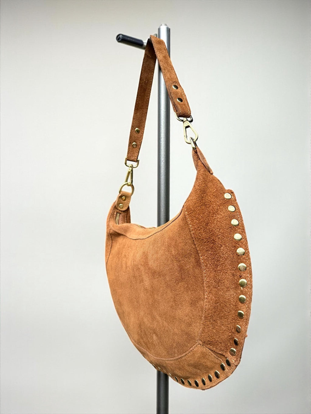 Camel Suede Crescent Shoulder Bag with Gold Studs